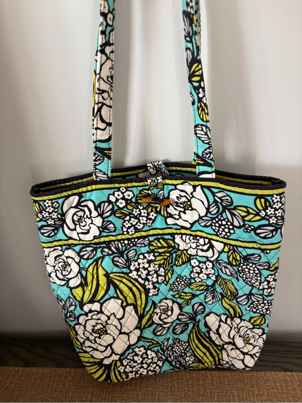 Vera Bradley Turquoise Floral Quilted Tote with White and Chartreuse Accents